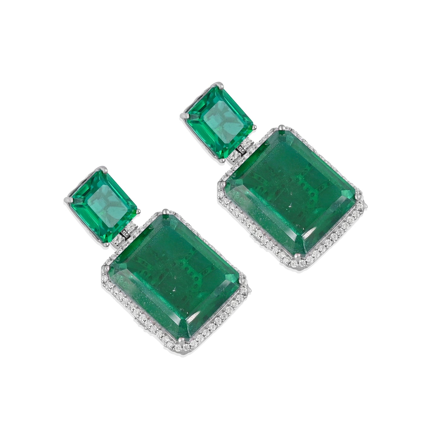 925 Silver Emerald Doublet Drop Earrings with CZ Halo – Elegant Statement Jewelry