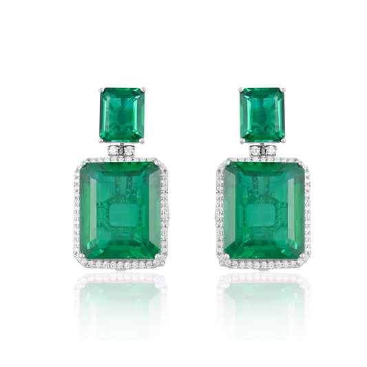 925 Silver Emerald Doublet Drop Earrings with CZ Halo – Elegant Statement Jewelry