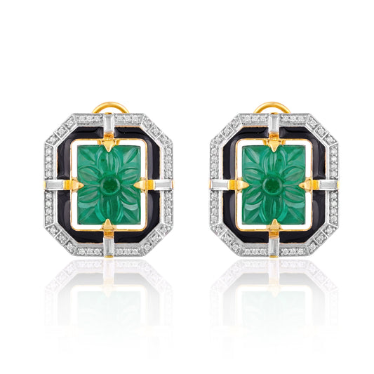 925 Silver Carved Green Emerald and Black Enamel Stud Earrings with CZ Accents | Art Deco Inspired Statement Jewelry for Women