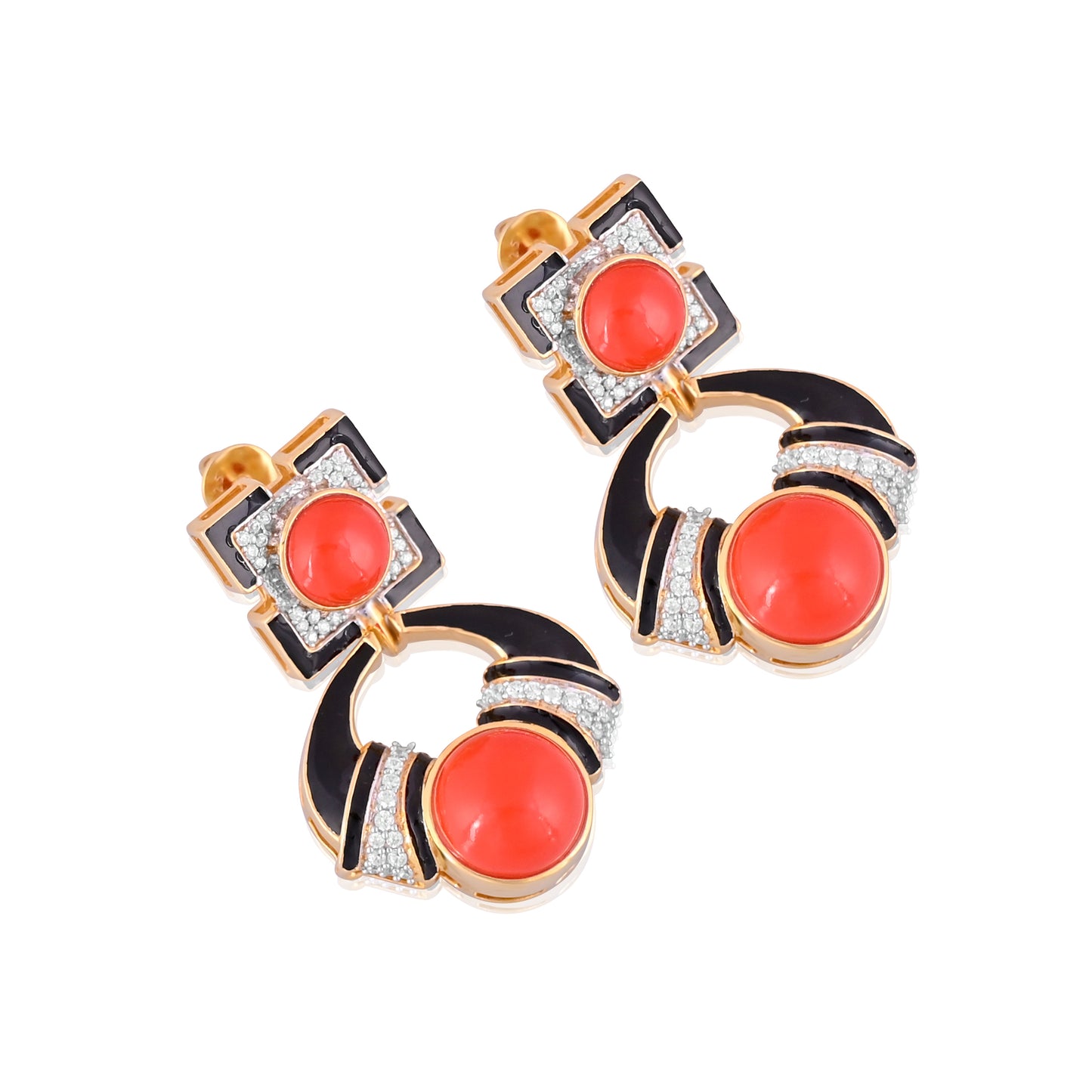 925 Silver Red Coral Dangle Earrings | Gold Plated Sterling Silver with Black Enamel & CZ | Art Deco Gemstone Jewelry