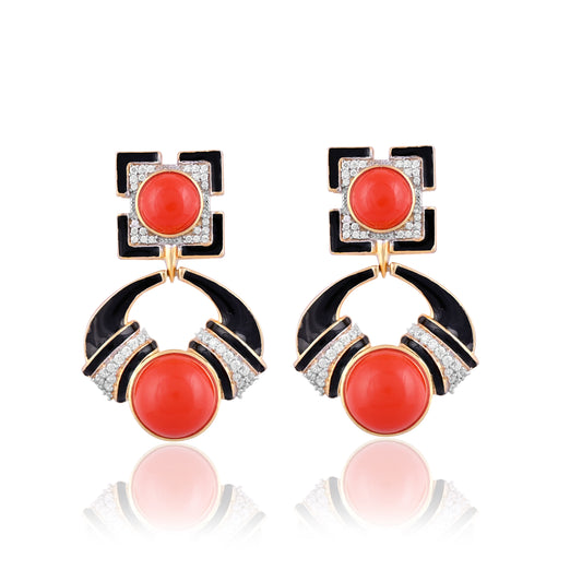 925 Silver Red Coral Dangle Earrings | Gold Plated Sterling Silver with Black Enamel & CZ | Art Deco Gemstone Jewelry