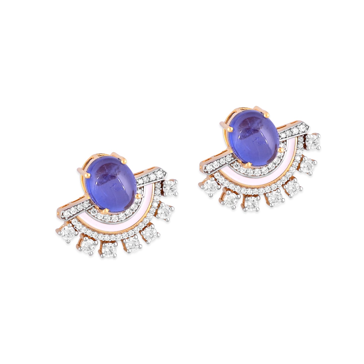Elegant 925 Silver Fan Stud Earrings with Purple Gemstone Doublet and CZ – Luxury Designer Jewelry