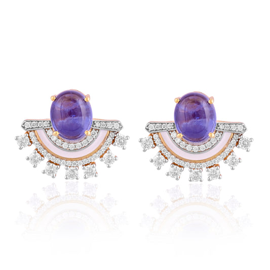 Elegant 925 Silver Fan Stud Earrings with Purple Gemstone Doublet and CZ – Luxury Designer Jewelry