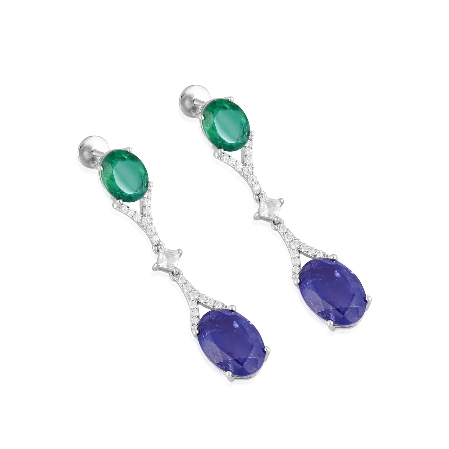 Elegant 925 Silver Drop Earrings with Green & Blue Gemstone Doublets and CZ – Luxury Statement Jewelry