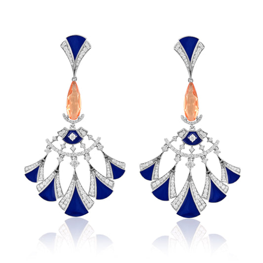 925 Silver Citrine Doublet Earrings | Blue Enamel & CZ Accents | Art Deco Style Sterling Silver Statement Jewelry for Women