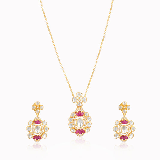925 Silver Kundan Polki Necklace and Earrings Set with Ruby Red Talpe | Gold Plated Bridal Jewelry Set | Indian Wedding Jewelry