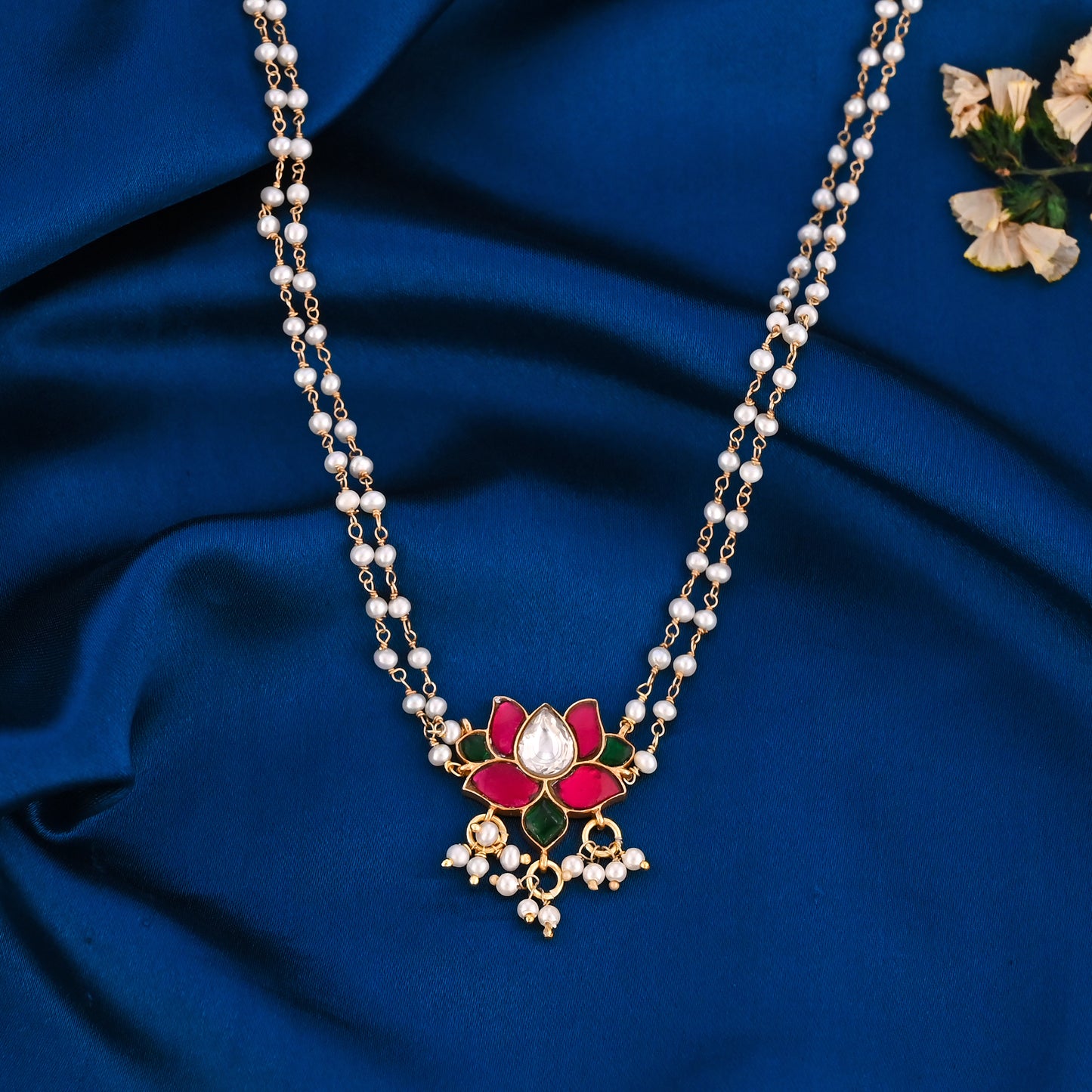 925 Silver Lotus Pendant Necklace with Pearl Beads | Traditional Kundan Jewelry for Women