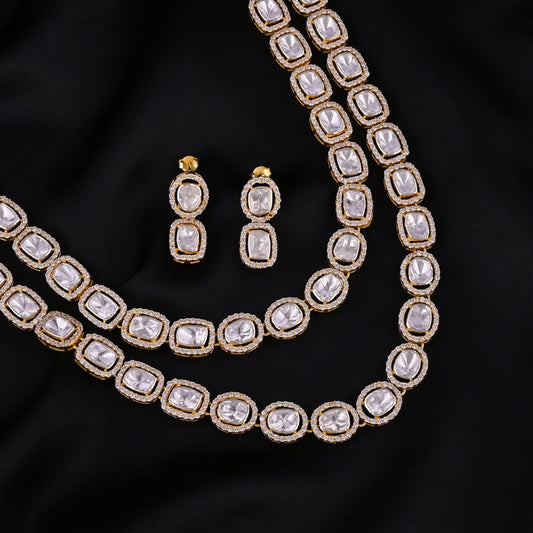 925 Silver Polki Double Layer Necklace and Earrings Set | Gold Plated Indian Bridal Jewelry | Wedding Ethnic Jewelry Set