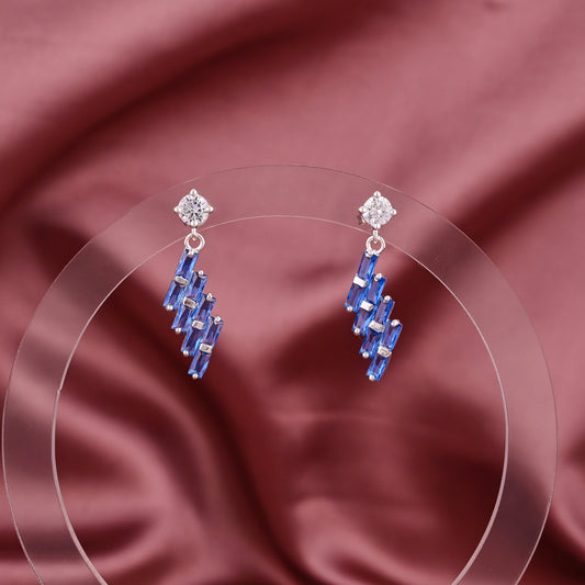 925 Silver Blue CZ Baguette Earrings | Minimal Dangle Earring | Gift For Her