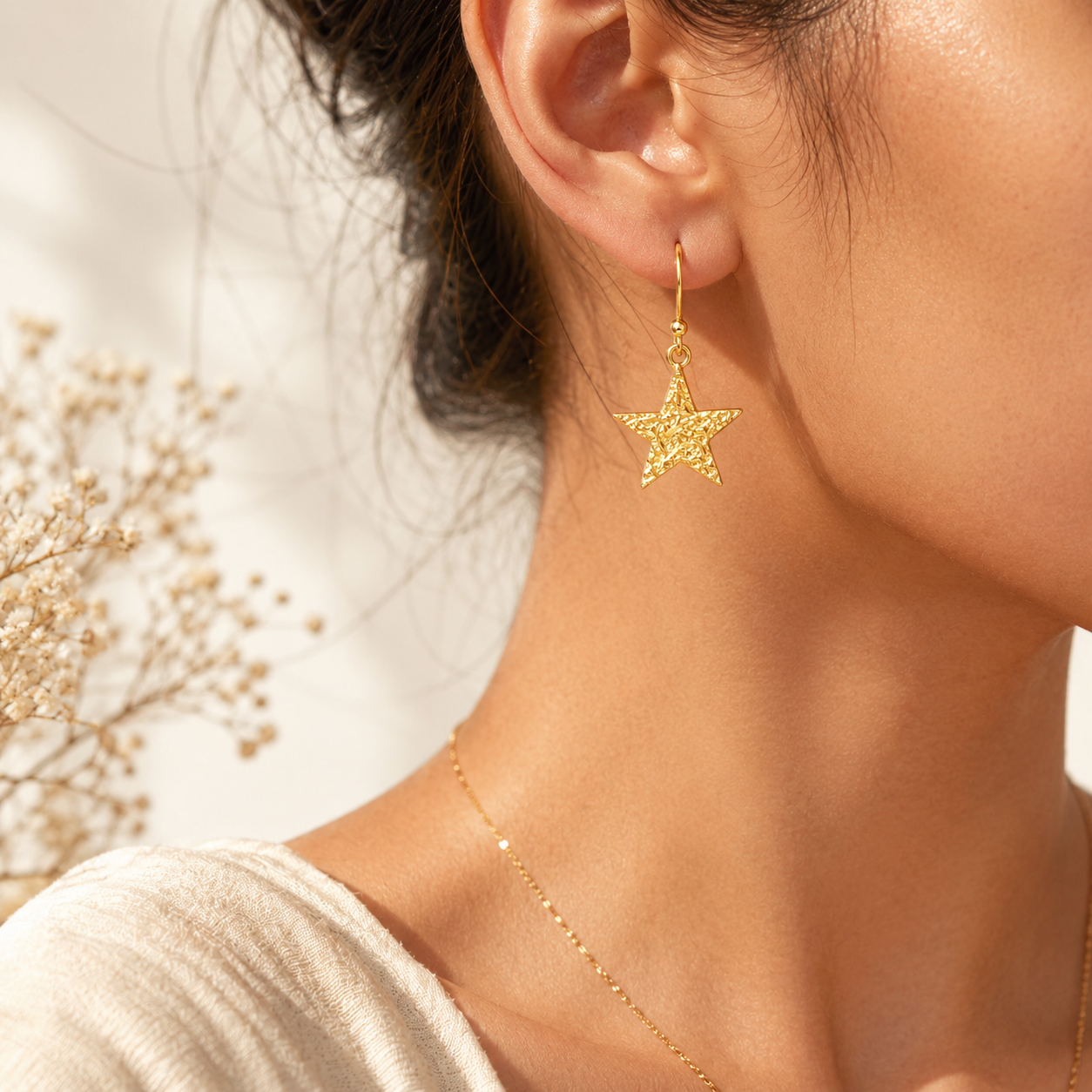 Textured Gold-Plated Brass Star Drop Earrings for Women