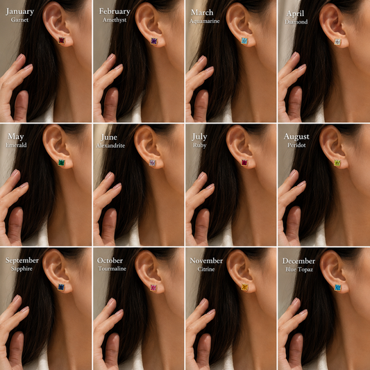 Personalized Birthstone Square Stud Earrings – 12 Month Gemstone Gold Plated Earrings