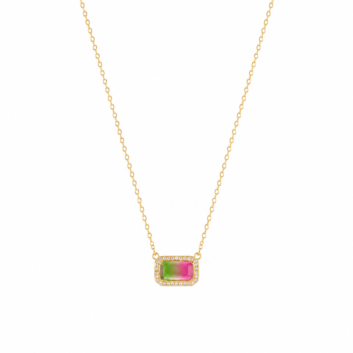 Multicolor Emerald-Cut Crystal Pendant Necklace with Halo – Gold Tone