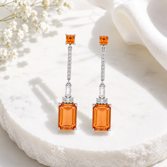 925 Silver Citrine Drop Earrings – Emerald Cut Statement Earrings for Women