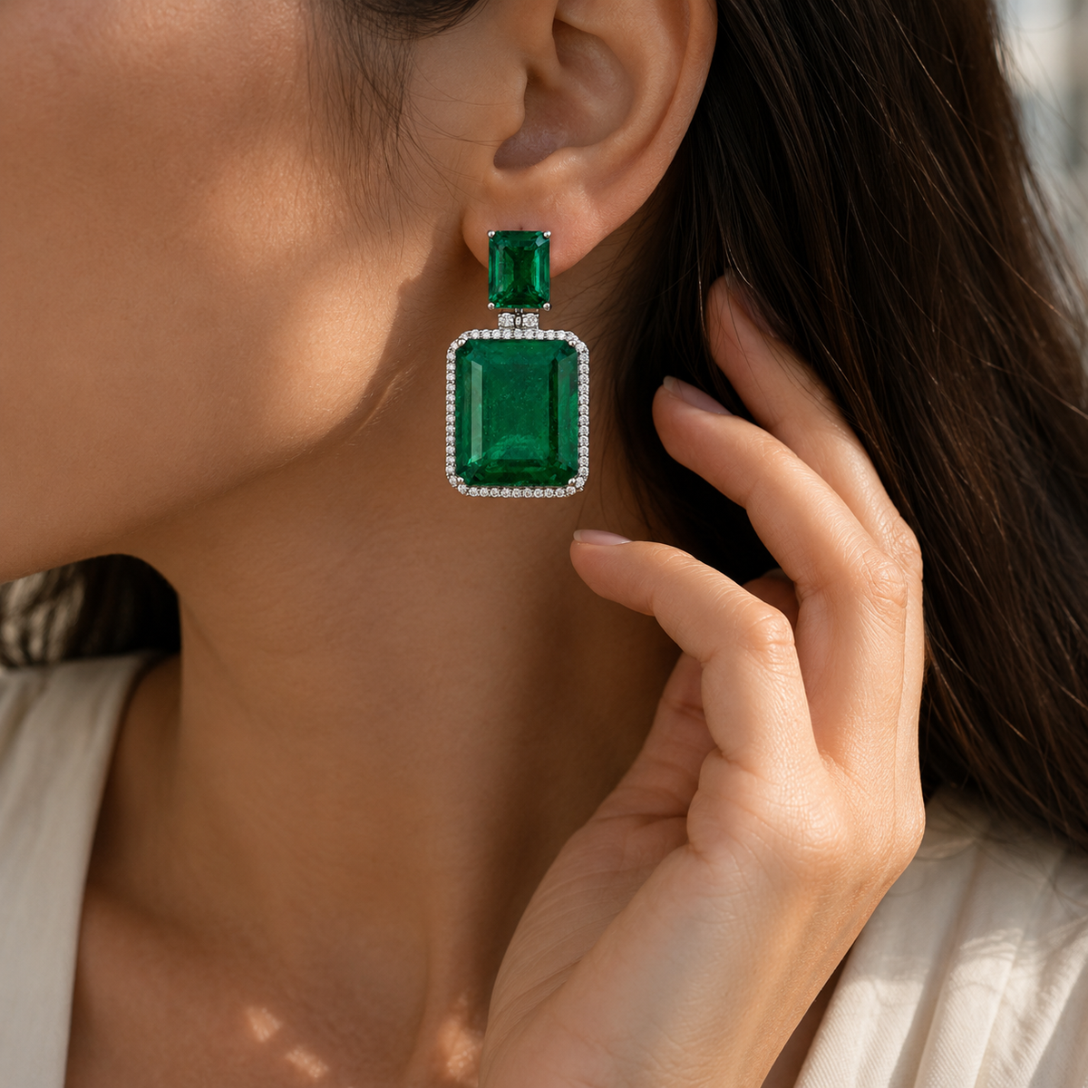 925 Silver Emerald Doublet Statement Drop Earrings