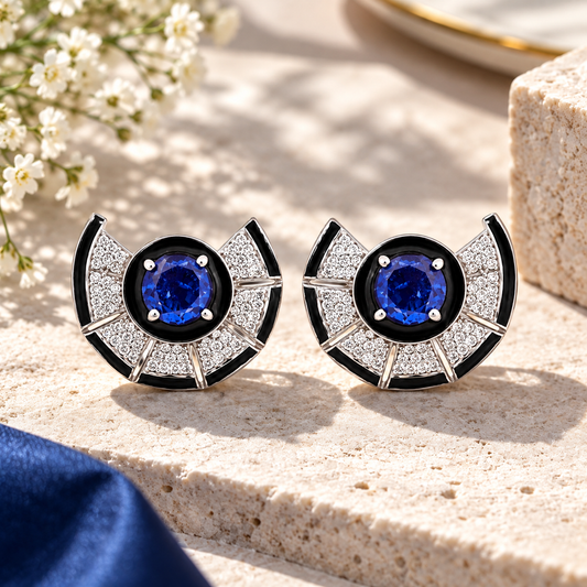 Blue Sapphire CZ & Black Enamel 925 Sterling Silver Stud Earrings