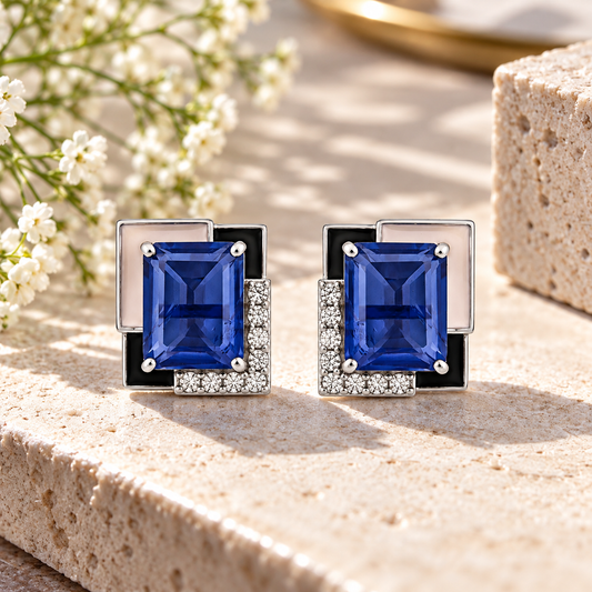 Blue Sapphire CZ Geometric Stud Earrings with Black Enamel & Pavé Stones