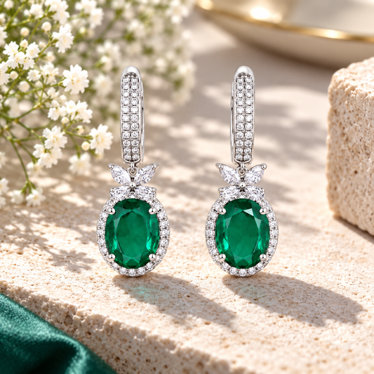 Oval Emerald CZ Halo Drop Earrings – 925 Sterling Silver Statement Earrings