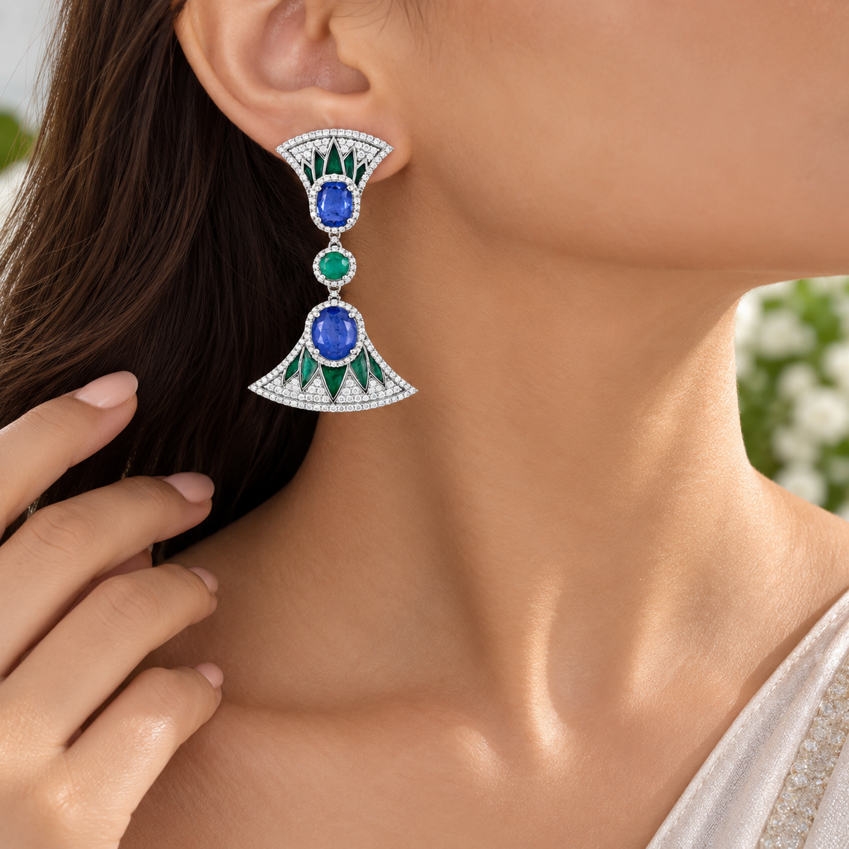 925 Silver Emerald & Blue Sapphire Doublet Statement Drop Earrings for Women