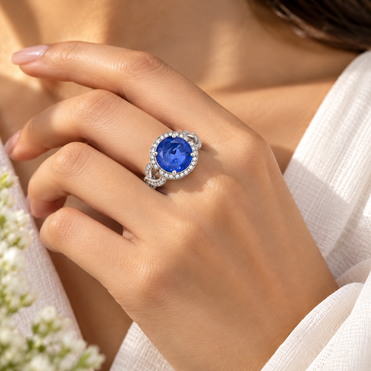 Blue Sapphire Doublet Halo Statement 925 Silver Ring – Silver Tone Pavé Cocktail Ring for Women