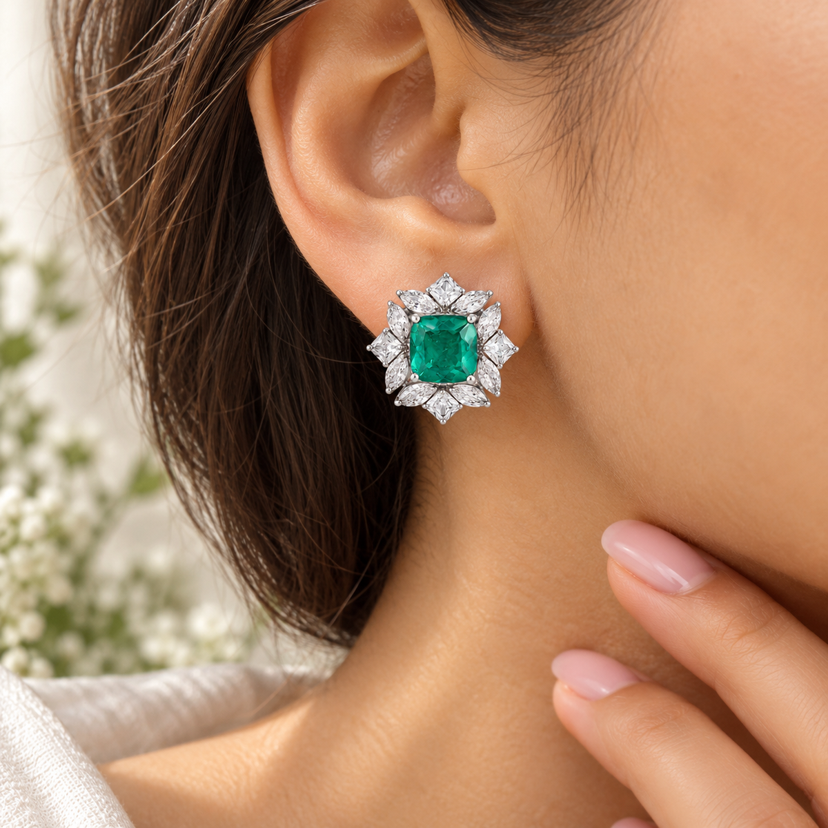 Emerald Doublet Cushion Cut Halo Stud 925 Silver Earrings – Statement Jewelry for Women