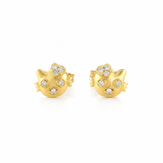 Crystal Cat Face Stud Earrings – Gold Tone Cute Animal Earrings for Women
