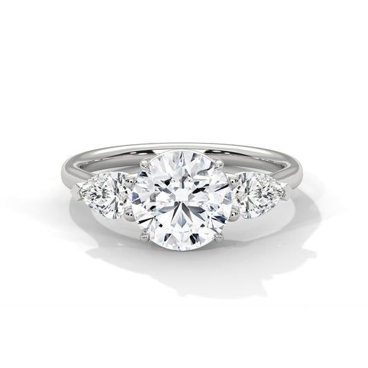 925 Sterling Silver Three Stone Round Solitaire Ring | Pear Side Stone Engagement Ring