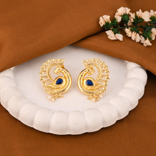 Gold-Plated Peacock Stud Earrings – Brass, Ethnic Style