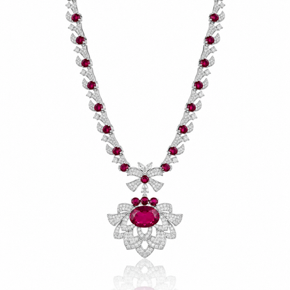 925 Silver Ruby Doublet Statement Necklace – Crystal Leaf Pendant Necklace for Women