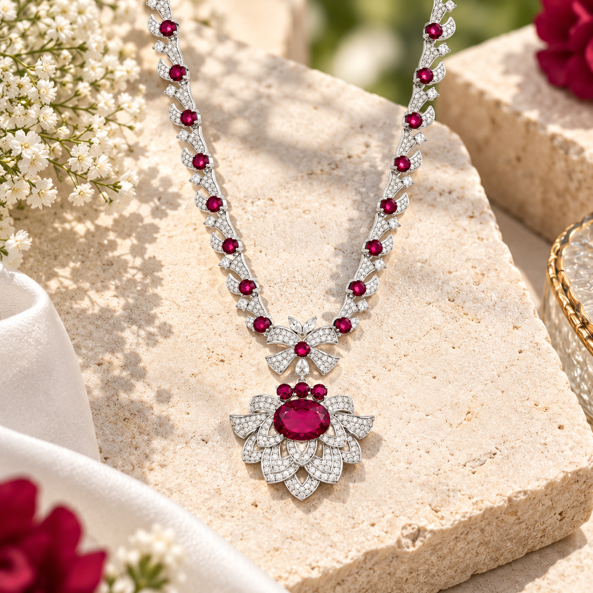 925 Silver Ruby Doublet Statement Necklace – Crystal Leaf Pendant Necklace for Women