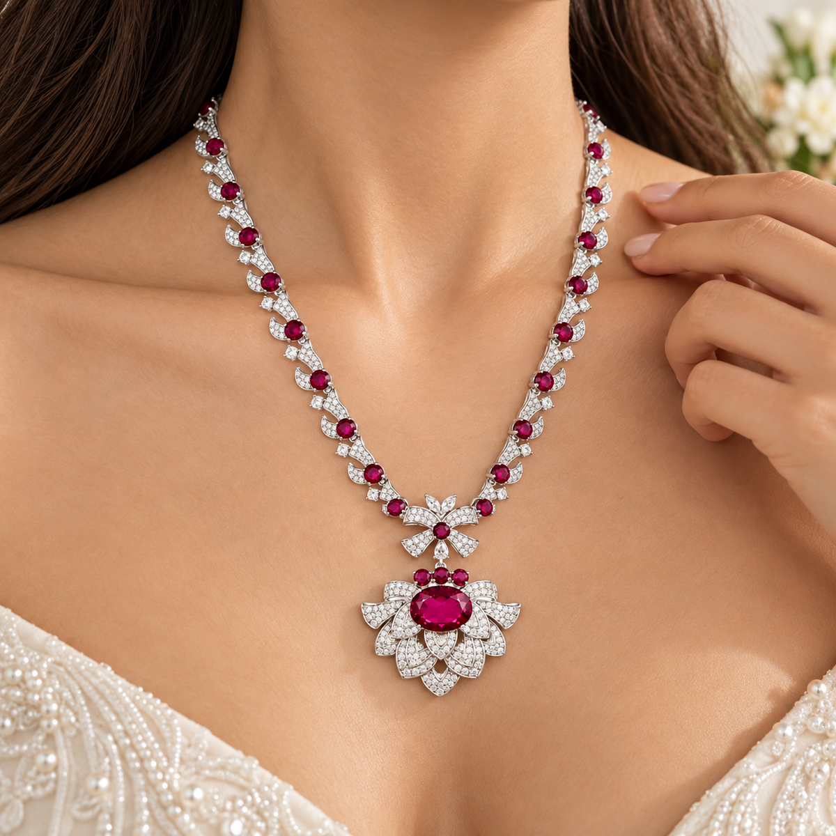 925 Silver Ruby Doublet Statement Necklace – Crystal Leaf Pendant Necklace for Women