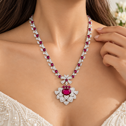 925 Silver Ruby Doublet Statement Necklace – Crystal Leaf Pendant Necklace for Women
