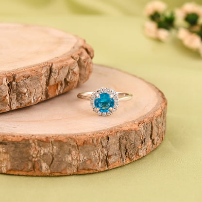 7mm Round Hydro London Blue Topaz Minimalist Ring | 925 Silver Zirconia Halo Promise Ring | December Birthstone Bridal Jewelry | Gift For Gf