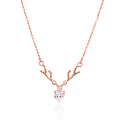 925 Silver Antler Heart Necklace – Rose Gold Crystal Pendant