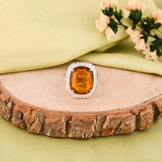 Natural Orange Citrine With Studded CZ 925 Silver Ring