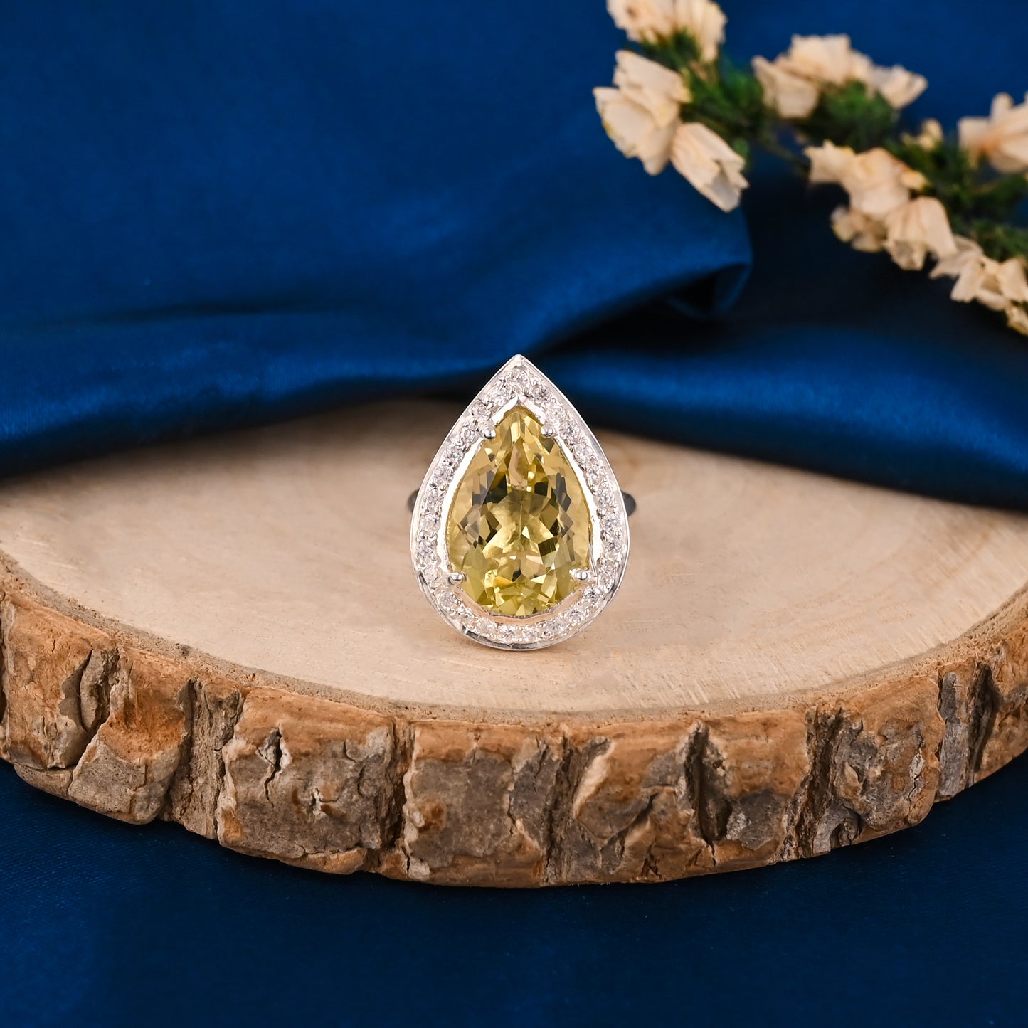 Natural Lemon Quartz CZ 925 Silver Cocktail Ring