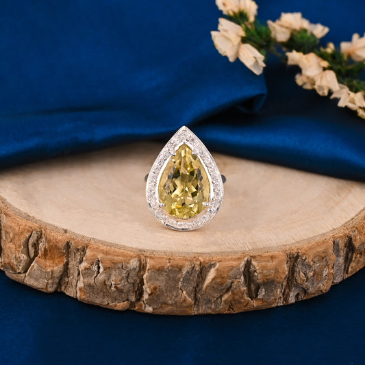 Natural Lemon Quartz CZ 925 Silver Cocktail Ring