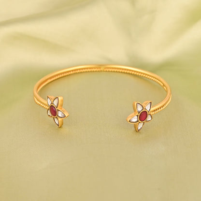 Gold-Plated Brass Kundan Floral Open Cuff Bangle – Traditional Indian Bracelet