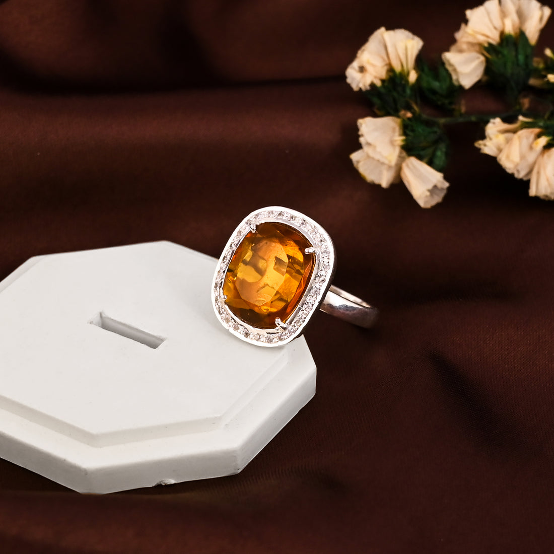 Natural Orange Citrine With Studded CZ 925 Silver Ring