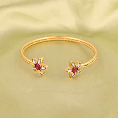 Gold-Plated Brass Kundan Floral Open Cuff Bangle – Traditional Indian Bracelet