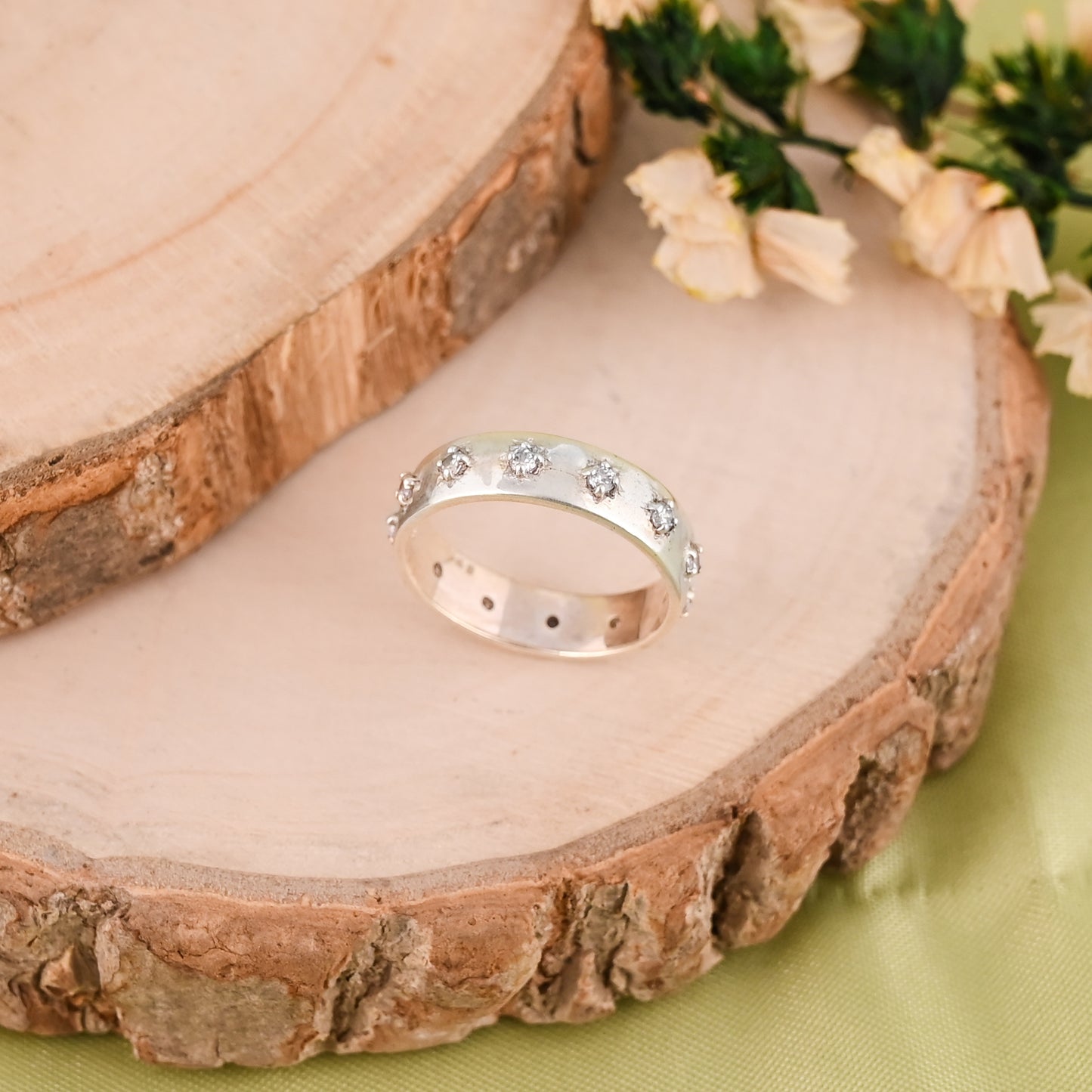 Silver Band Ring with Sparkling CZ Stones | Sterling Silver Statement Ring | Dainty Silver Jewelry Gift for Her | Everyday Silver Ring