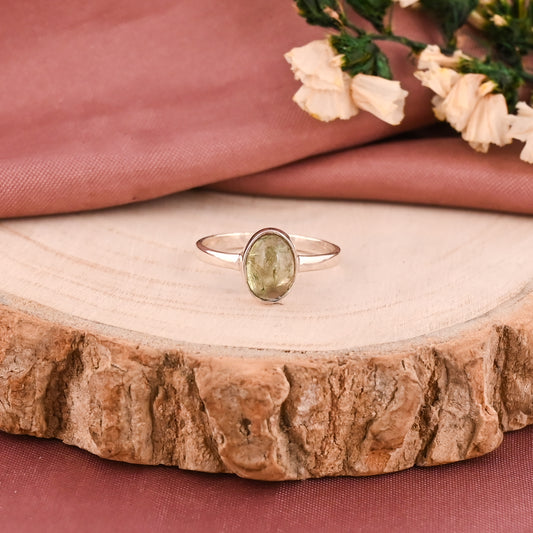 Natural Green Tourmaline 8X6mm Oval Cabochon 925 Sterling Silver Ring