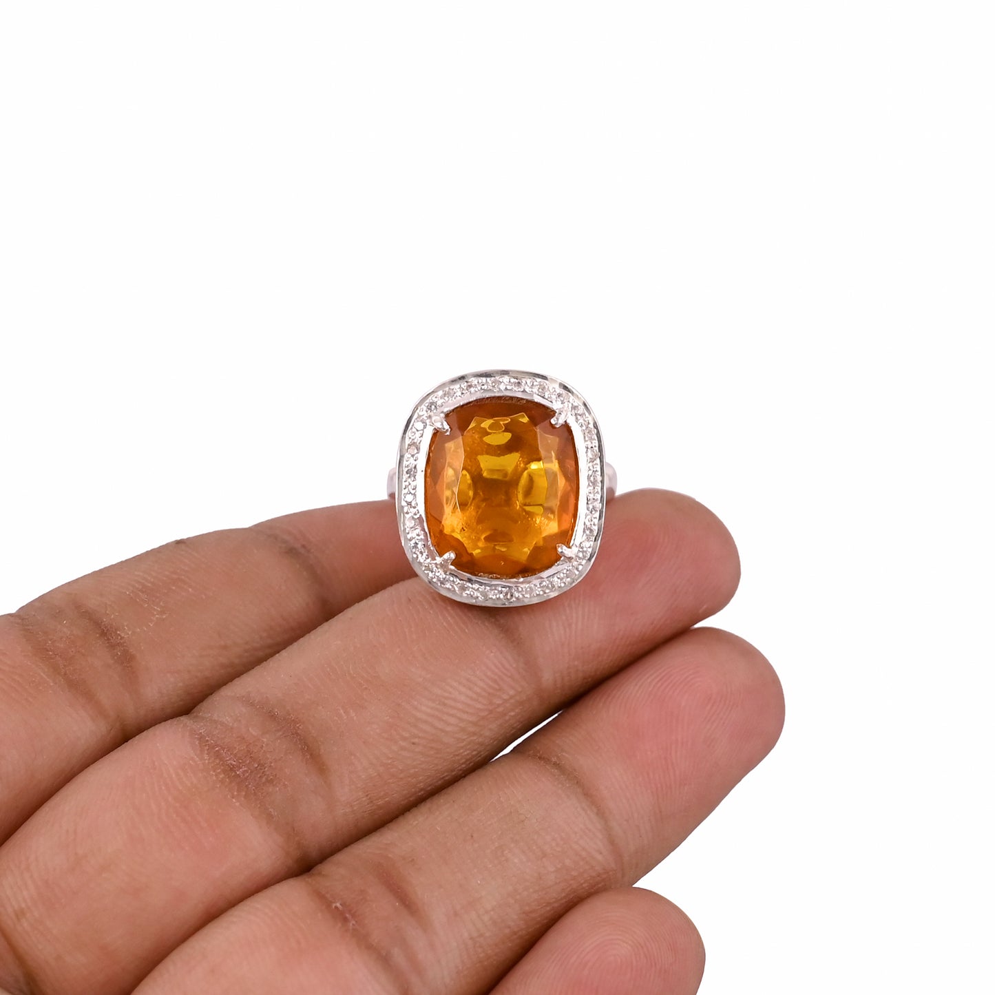 Natural Orange Citrine With Studded CZ 925 Silver Ring