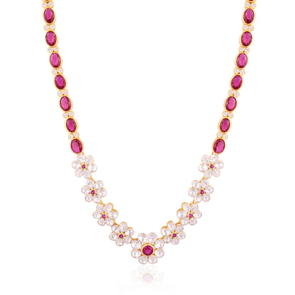 Floral Necklace in 925 Silver with Ruby Red and White CZ Stones – Designer Jewelry