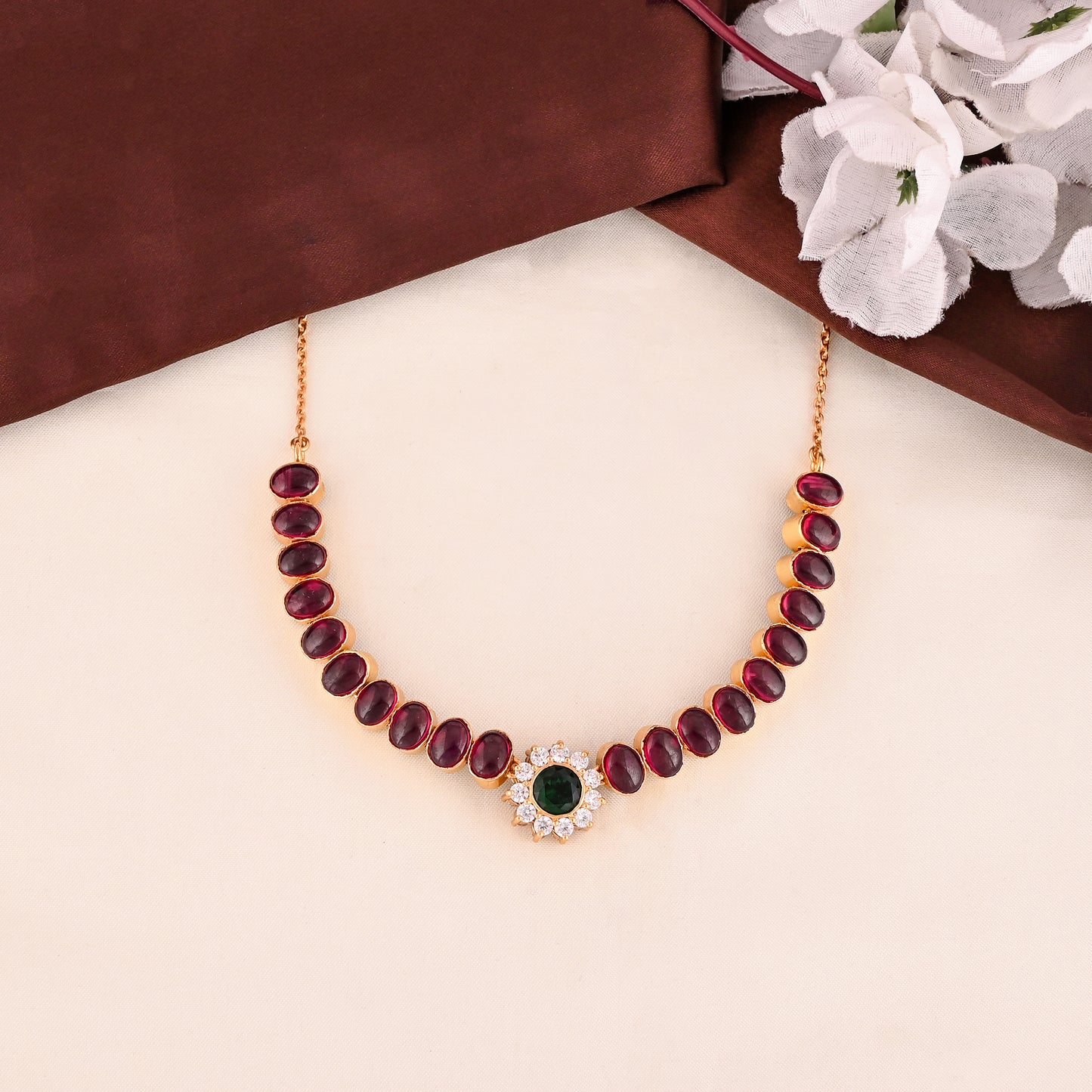 925 Silver Gold Plated Necklace with Ruby & Emerald Doublet Stones | Handmade Gemstone Jewelry