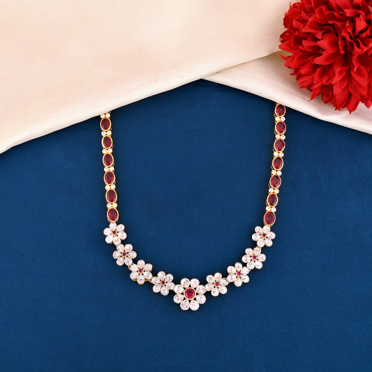 Floral Necklace in 925 Silver with Ruby Red and White CZ Stones – Designer Jewelry