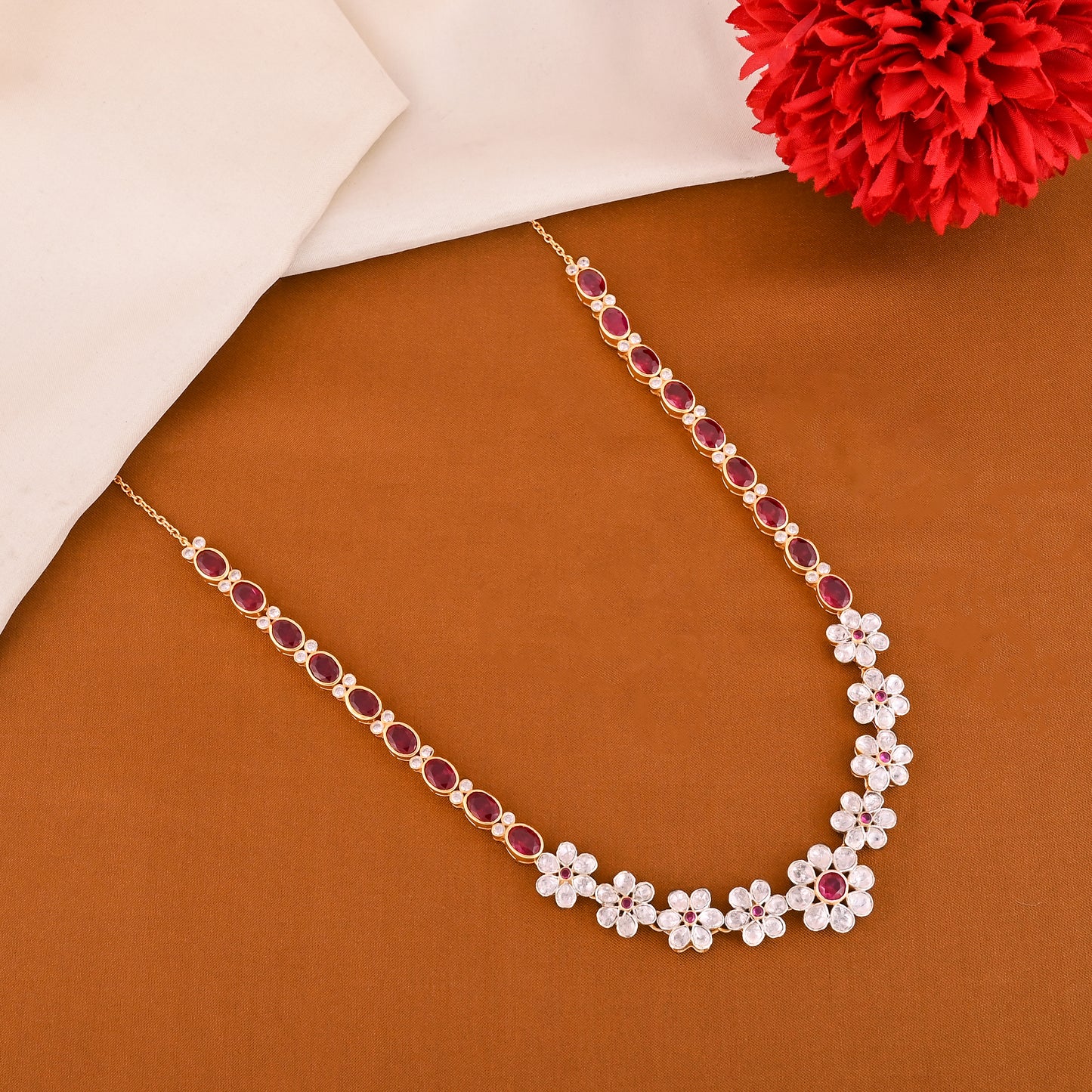 Floral Necklace in 925 Silver with Ruby Red and White CZ Stones – Designer Jewelry