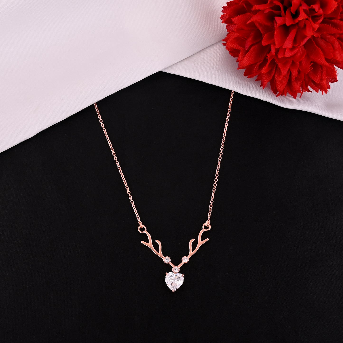925 Silver Rose Gold Antler Necklace | Heart CZ Pendant Sterling Silver Chain | Dainty Reindeer Necklace for Women & Girls