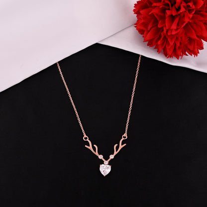925 Silver Rose Gold Antler Necklace | Heart CZ Pendant Sterling Silver Chain | Dainty Reindeer Necklace for Women & Girls