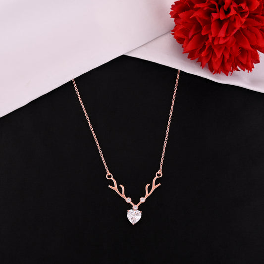925 Silver Rose Gold Antler Necklace | Heart CZ Pendant Sterling Silver Chain | Dainty Reindeer Necklace for Women & Girls