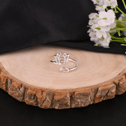 925 Silver Lotus Flower Ring | Sterling Silver Adjustable Open Band | Minimalist Yoga Jewelry | Spiritual Symbol Ring for Women & Girls